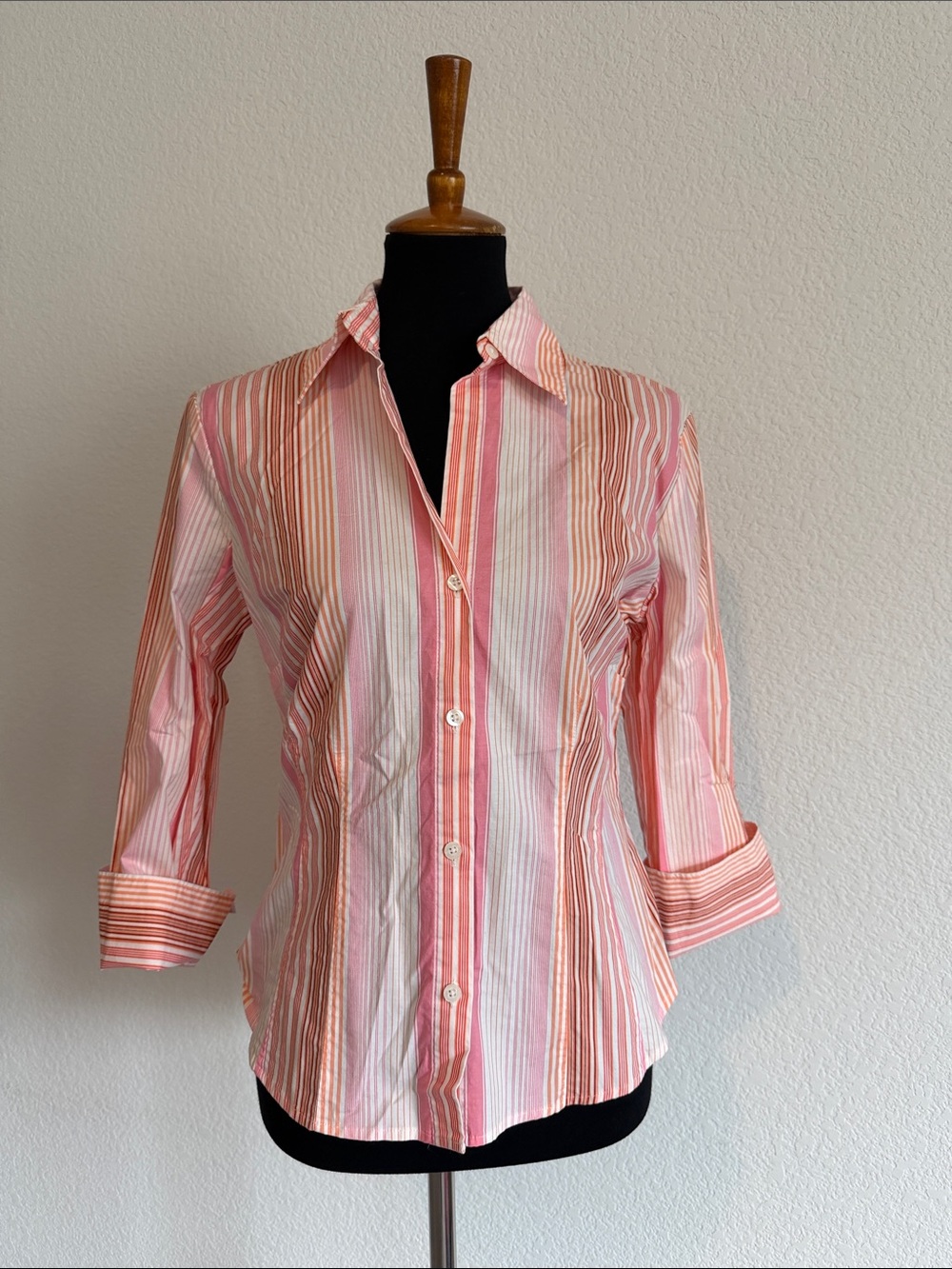 New York & Company Pink and White Striped Button-Down Shirt